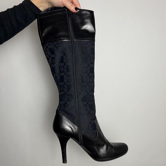 Versace Vintage Y2K Black Leather and Signature Canvas Tall Knee High Boots - Picture 6 of 8